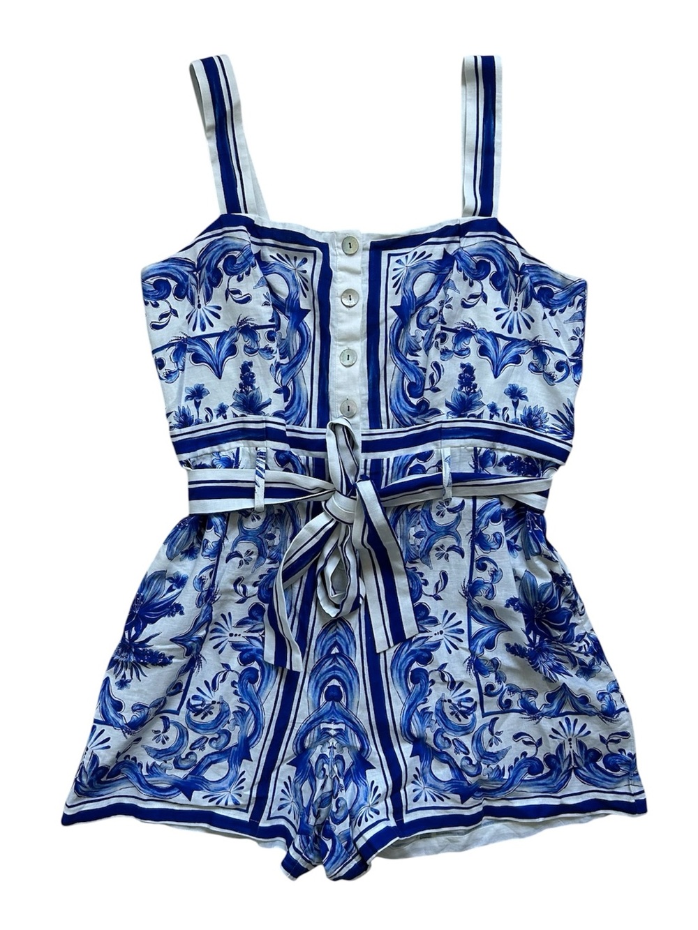 FARM Rio Garden Tiles Tie Belt Button Front Linen Blend Romper Size Large NWT - Picture 6 of 10